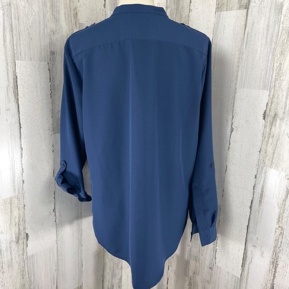 Elementz Women's Blue V Neck Long Sleeve Button Up Shirt Top Blouse Sz L - Picture 5 of 10